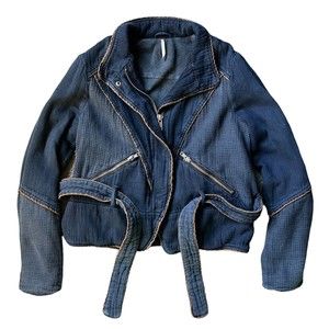 Free People Navy Blue Moto Jacket Size S Belted Full Zip Distressed Cotton